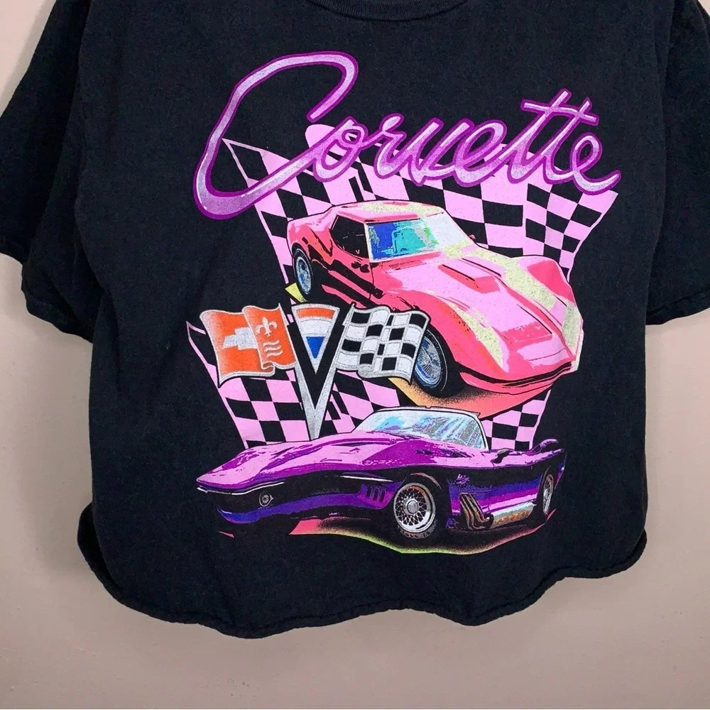 XL Chemistry Corvette Cropped Tshirt Womens Black Pink Graphic Retro Cotton